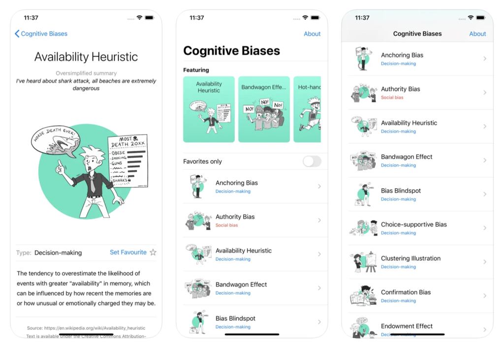 Cognitive Bias mobile app screens
